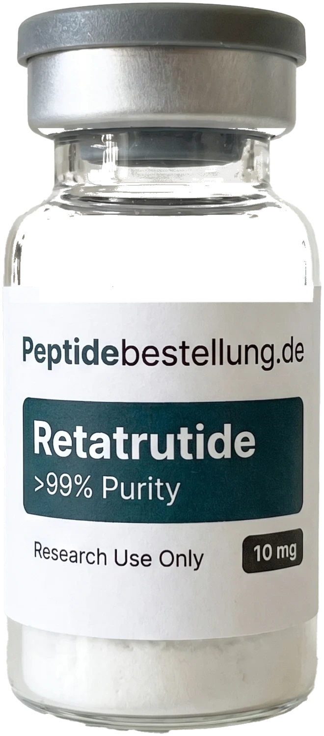Freigestelltes Retatrutide 10 mg Vial mit Frontetikett und sichtbarem lyophilisiertem Pulver